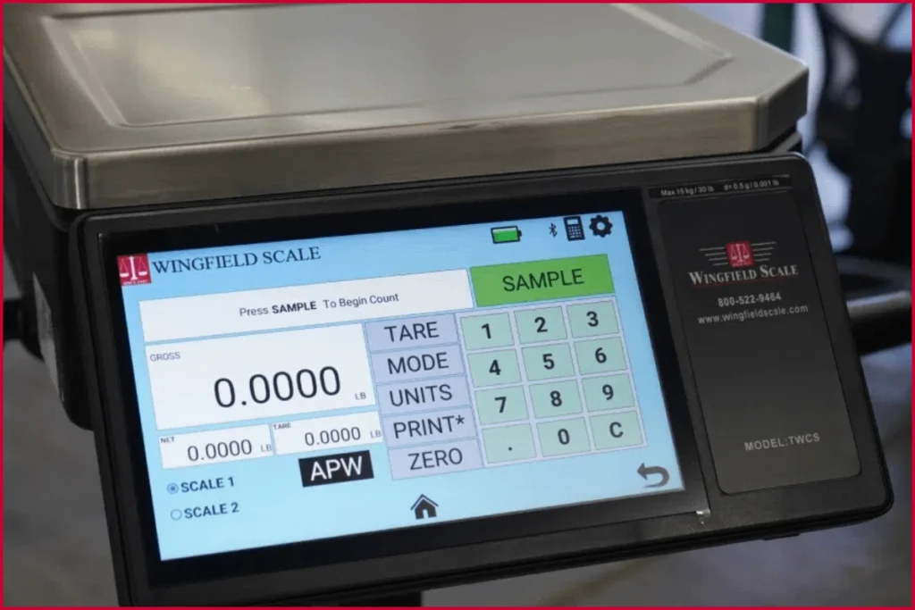 An image of Wingfield's touch-screen inventory counting scale displaying real-time data, designed to streamline inventory processes with precision and efficiency