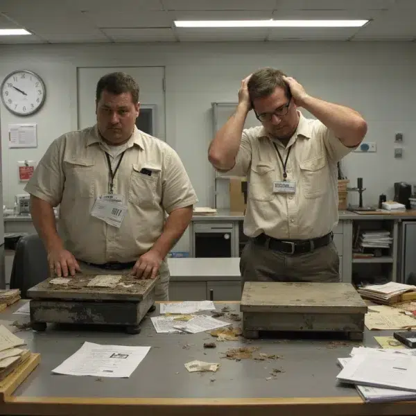 Two frustrated workers in an office struggling with outdated counting scale for inventory, surrounded by messy papers and data, highlighting the inefficiency of old equipment for inventory management