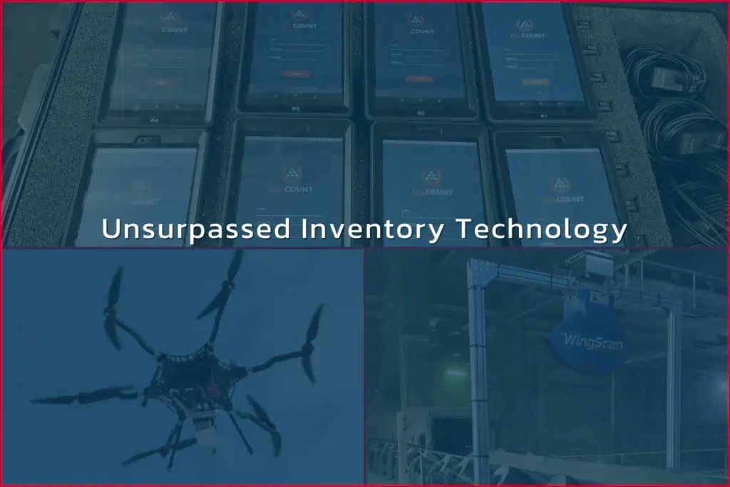 Graphic showcasing Wingfield's inventory technology, including the Allcount app for real-time auditing on tablets, Wingscan LiDAR technology for conveyor belts and railcars, and LiDAR-based stockpile measurement for bulk materials