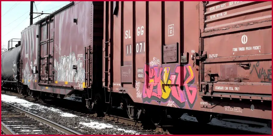 Brown freight boxcar with graffiti on rail tracks, illustrating the weight and design of standard boxcars in transportation