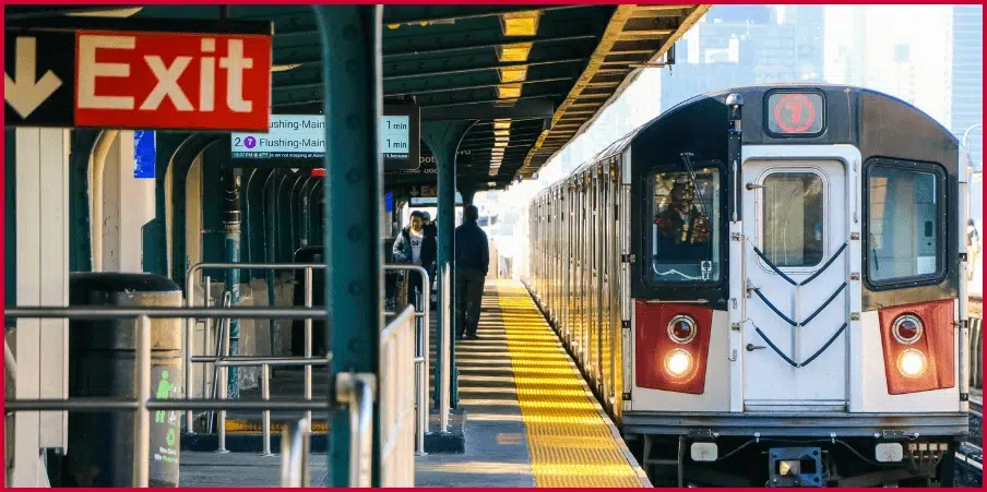 Passenger train car at a station platform, with an Exit sign visible, emphasizing urban transit and commuter rail systems