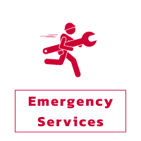 Icon of a person in a hard hat running with a wrench, with the text "Emergency Services" below