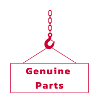 Red crane hook lifting a sign that reads "Genuine Parts" in bold red letters