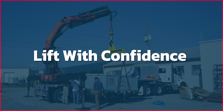 Crane lifting a heavy load with a truck-mounted scale, showcasing reliable crane scale repair services by Wingfield Scale with the slogan, 'Lift With Confidence"
