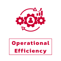 Red icon featuring interconnected gears with a person in the center and an upward trend graph, representing operational efficiency with tanks to save time and increase productivity