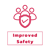 Red icon of three people with a shield displaying a checkmark, symbolizing improved safety in tank scale systems for worker protection and load monitoring
