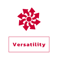Red icon of a central hub with multiple arrows pointing outward, representing the versatility of scales for different tank sizes and industries