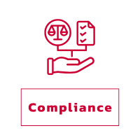 Red icon showing a hand holding a document with checkmarks and a balanced scale, symbolizing compliance with regulatory standards through calibrated tank scales