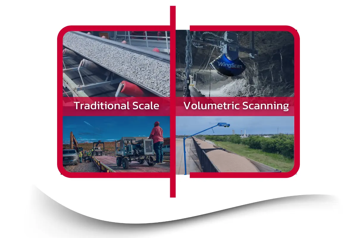 Comparison of volumetric scanning vs scale, illustrating conveyor belt scales and industrial load scanners in quarry operations
