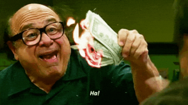 Animated GIF illustrating wasted money, showing a man dramatically burning cash, symbolizing costly financial mistakes due to inaccurate bulk material measurement and reconciliation.