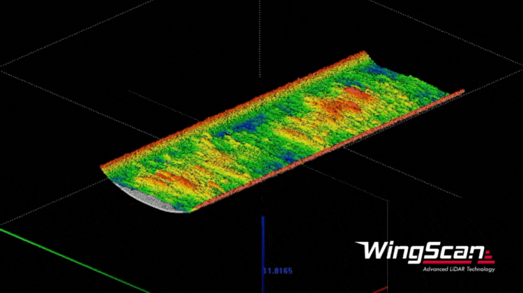 Animated GIF showing WingScan conveyor scanner capturing real-time LiDAR scan data of bulk material flow, visually represented as a detailed color-coded point cloud map indicating precise material height and volume variations on a moving conveyor belt.