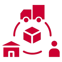 icon featuring a red truck, person, and a building, representing material flow moving throughout multiple parts of an operation