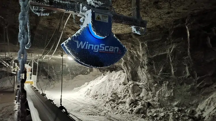 WingScan mining volume scanner covered in salt, operating reliably inside a harsh underground salt mine