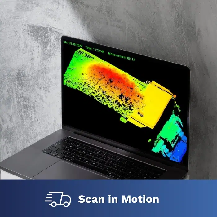 Laptop displaying NTEP‑approved WingScan in‑motion point‑cloud scan of a loaded truck for legal‑for‑trade volumetric measurement