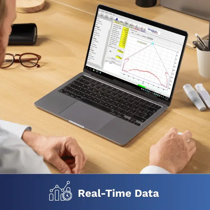 WingScan software on a laptop displaying live volume graphs and exportable measurement data, enabling real‑time reconciliation and ERP billing workflows.